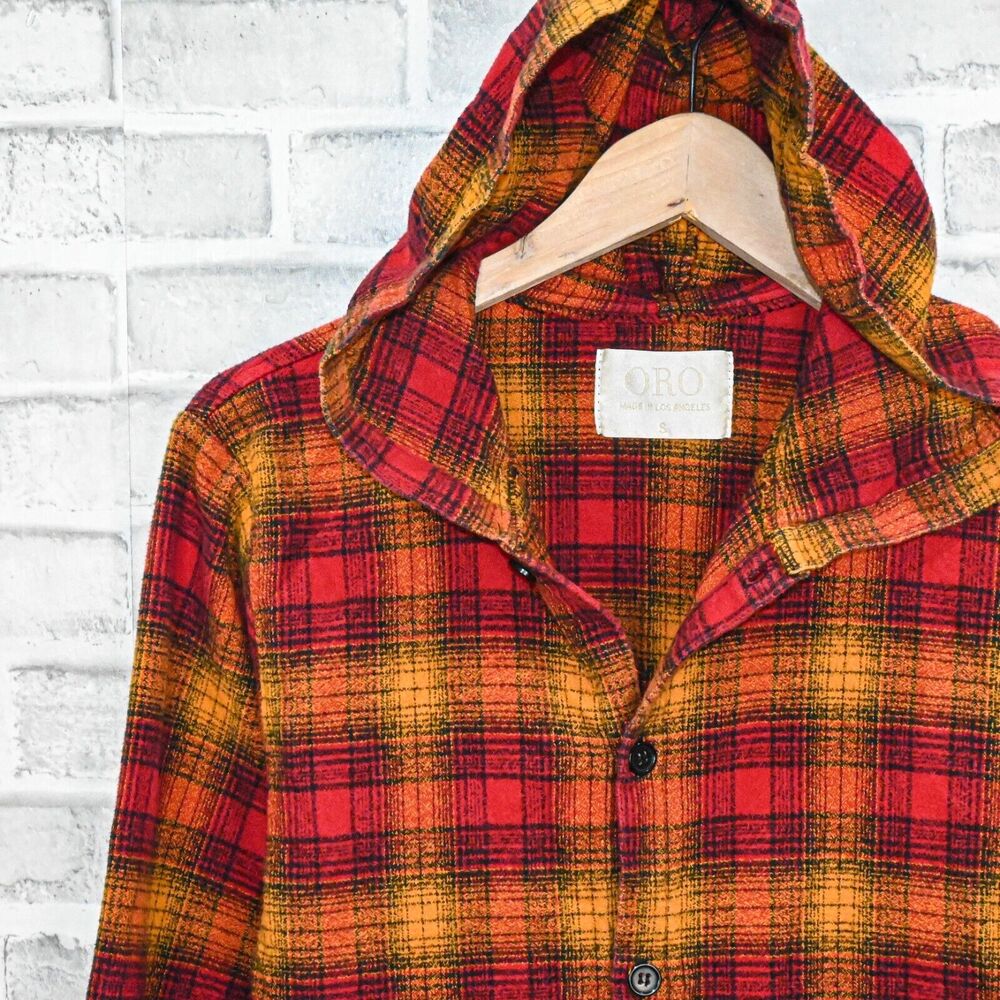 ORO Los Angeles Men's Hooded Flannel Shirt Red Orange Plaid size Small - Picture 3 of 4